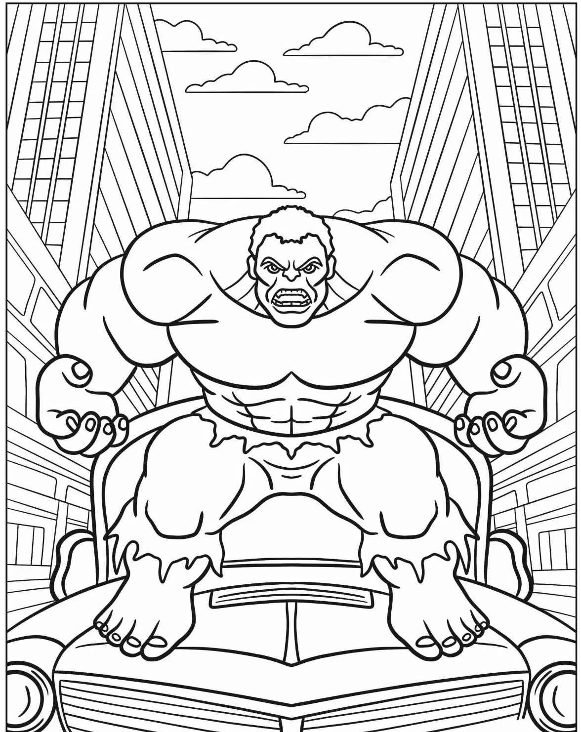 Desenho do Hulk em cima de um carro, pronto para ser colorido