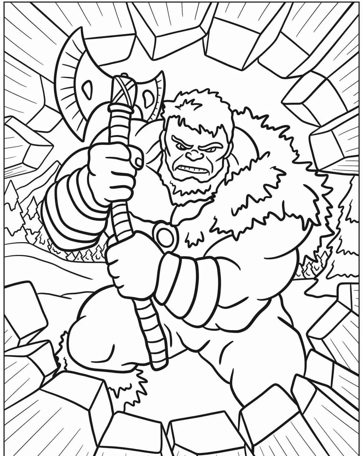 Desenho do Hulk segurando um machado, pronto para colorir.