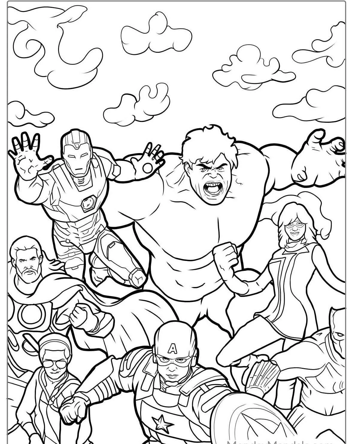 Desenho para colorir do Hulk e dos Vingadores em uma cena de ação