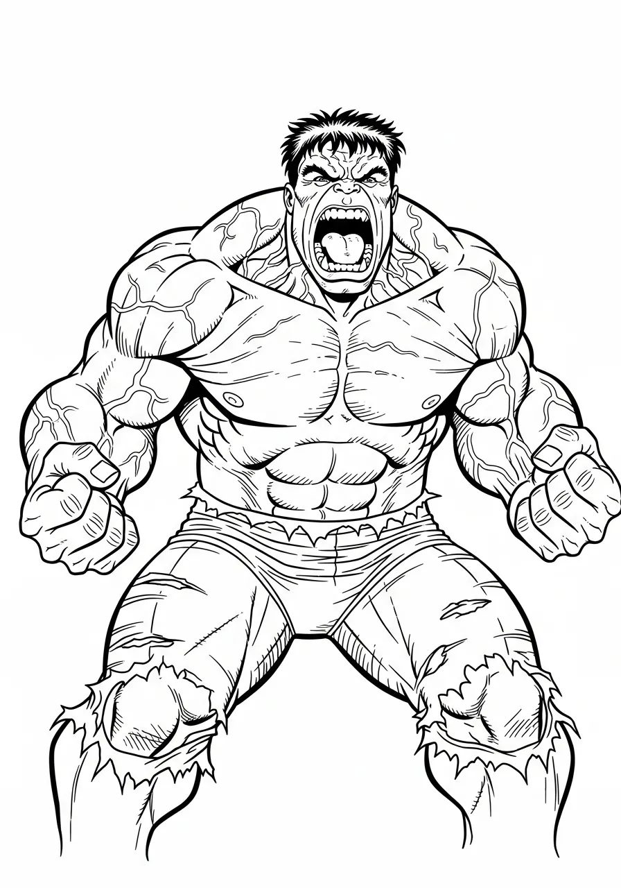 Desenho do Hulk em pose furiosa, pronto para ser colorido.