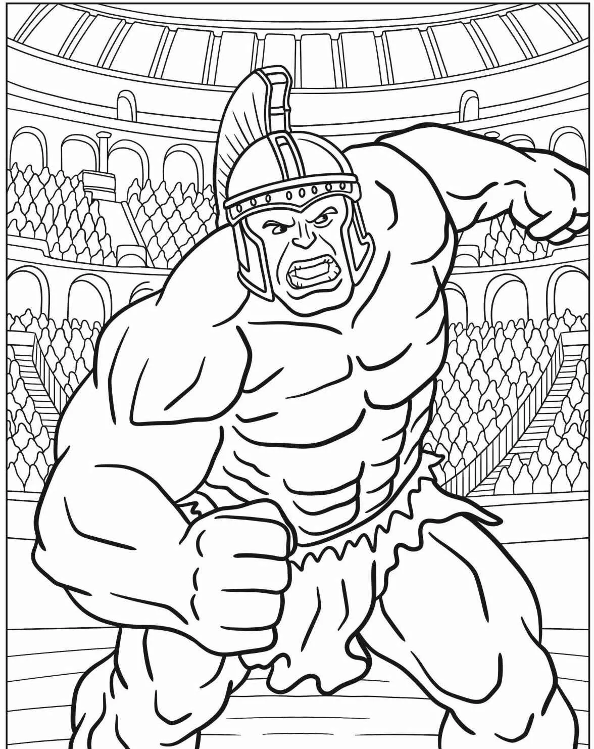 Desenho para colorir do Hulk como um lutador em um coliseu