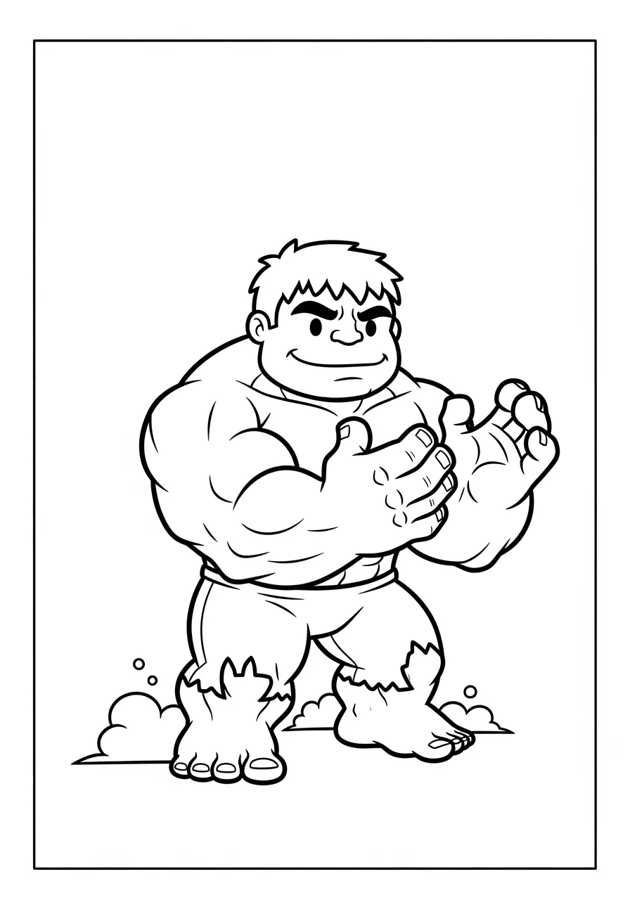 Desenho do Hulk sorridente para colorir, mostrando seus músculos e uma pose amigável.
