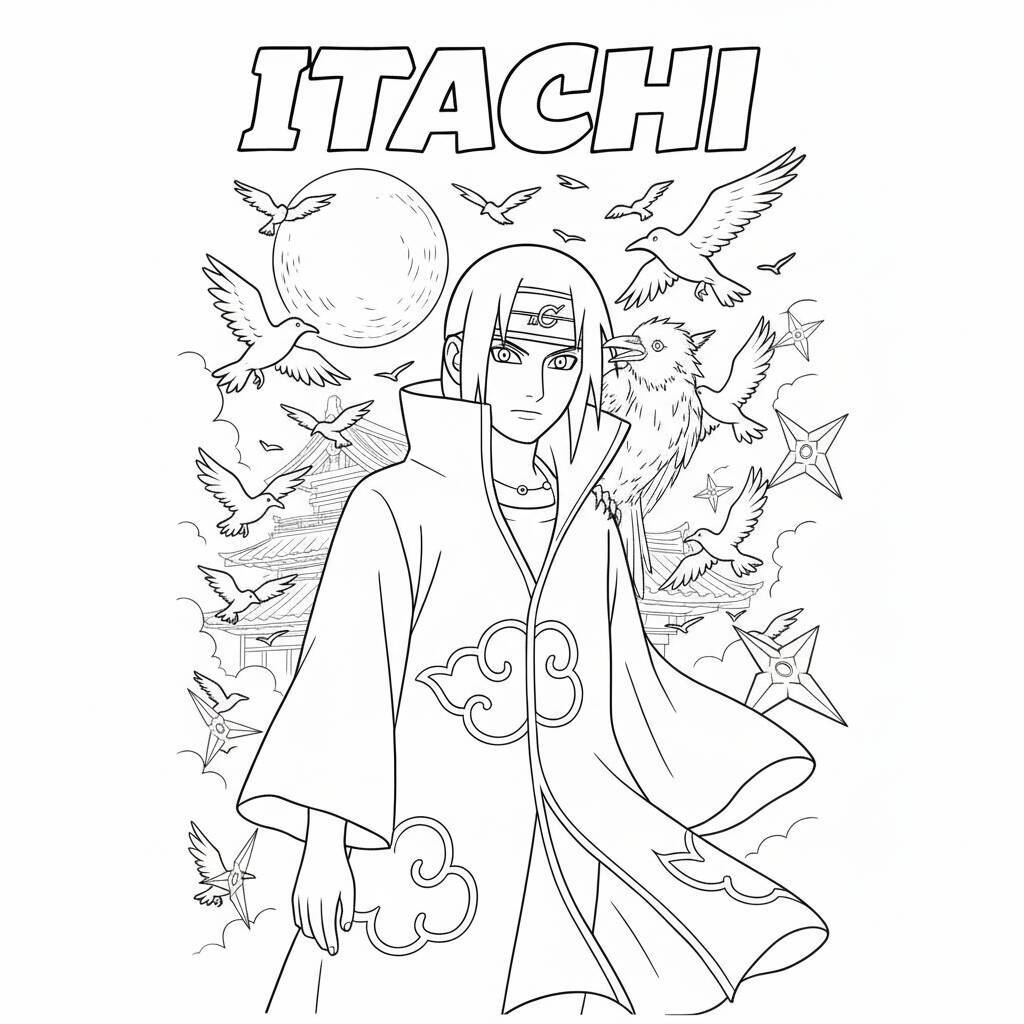 Desenho para colorir de Itachi Uchiha com pássaros e lua ao fundo