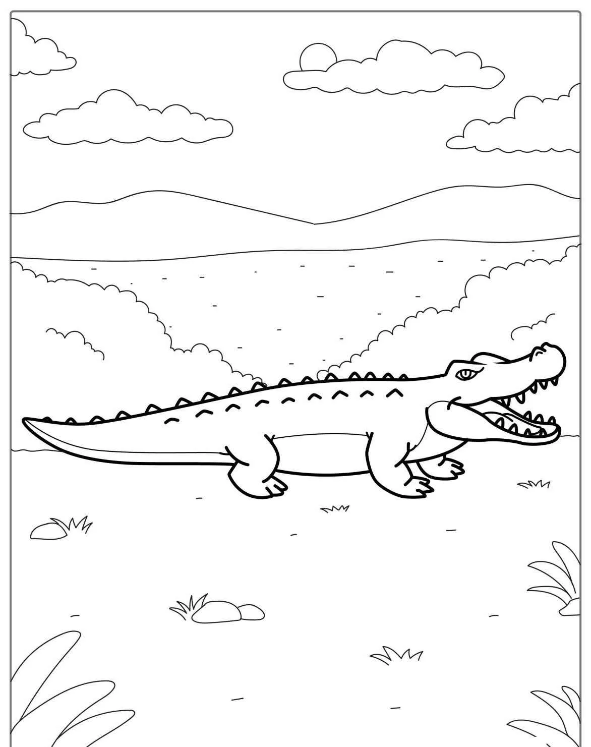 Desenho de um jacaré caminhando em um ambiente natural, ideal para colorir.