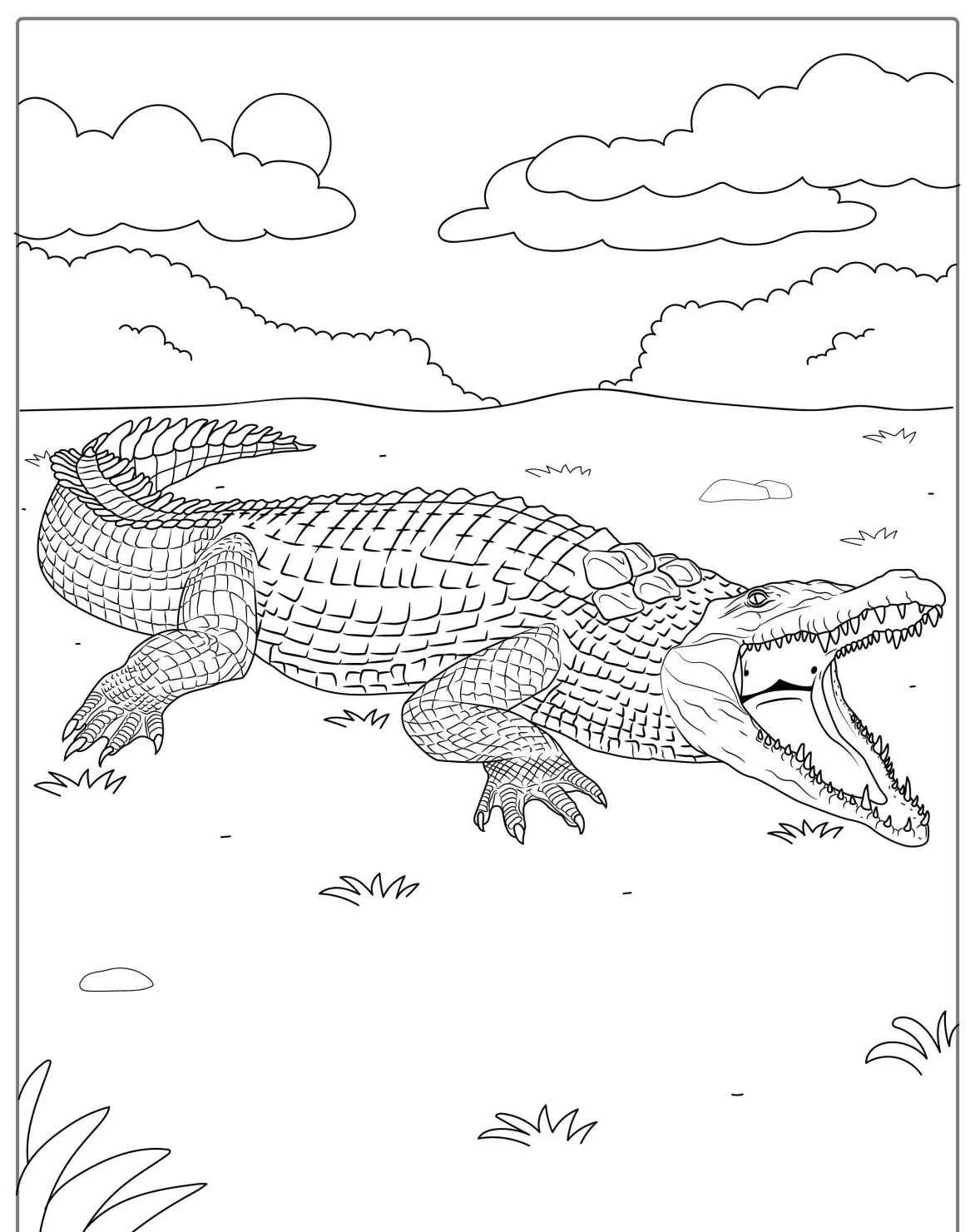 Desenho de um jacaré com boca aberta em um cenário natural, ideal para colorir.