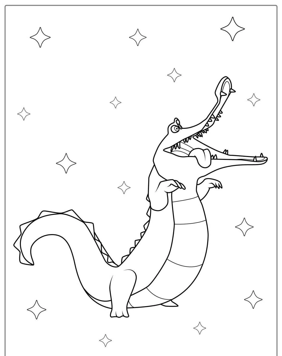 Desenho de um jacaré divertido cercado por estrelas, pronto para ser colorido.