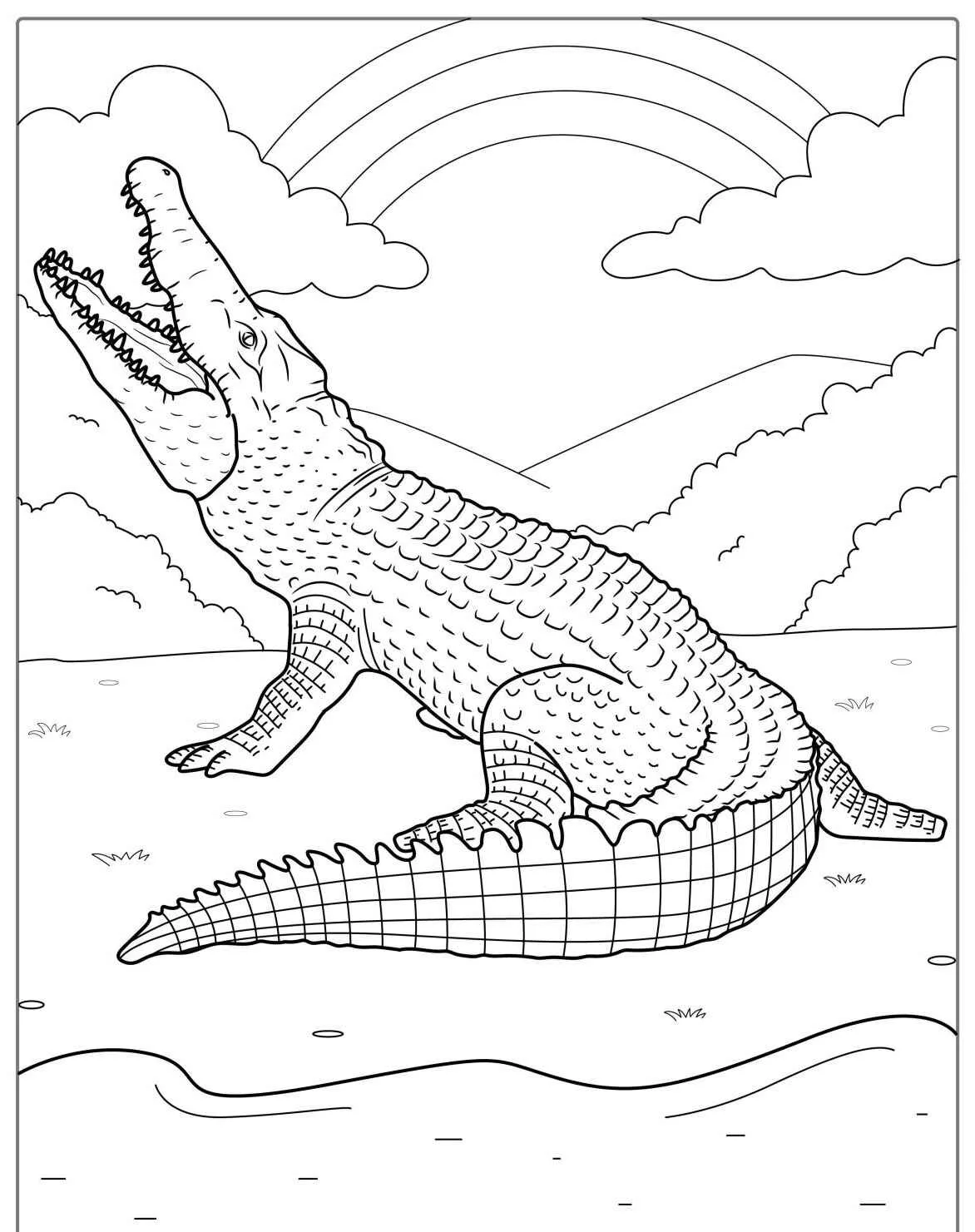Desenho de um jacaré em um lago com um arco-íris ao fundo, pronto para ser colorido.