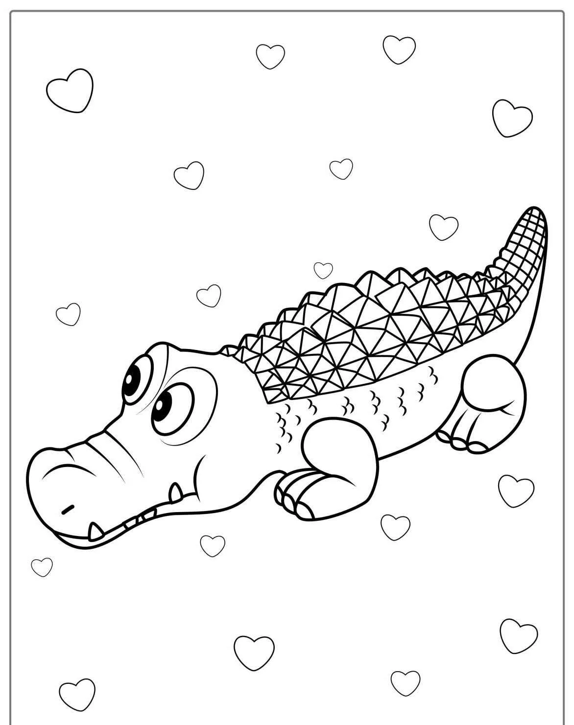 Desenho de um jacaré fofo cercado por corações para colorir
