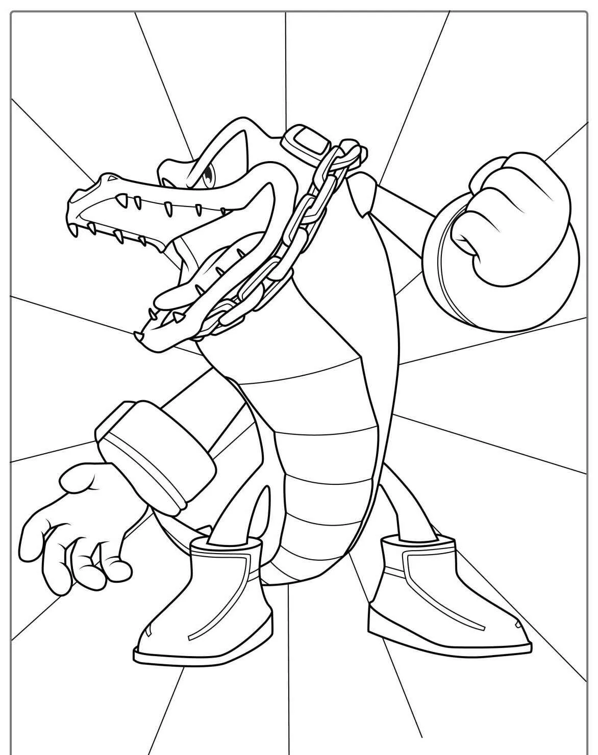 Desenho de um jacaré musculoso com corrente e luvas, pronto para ser colorido