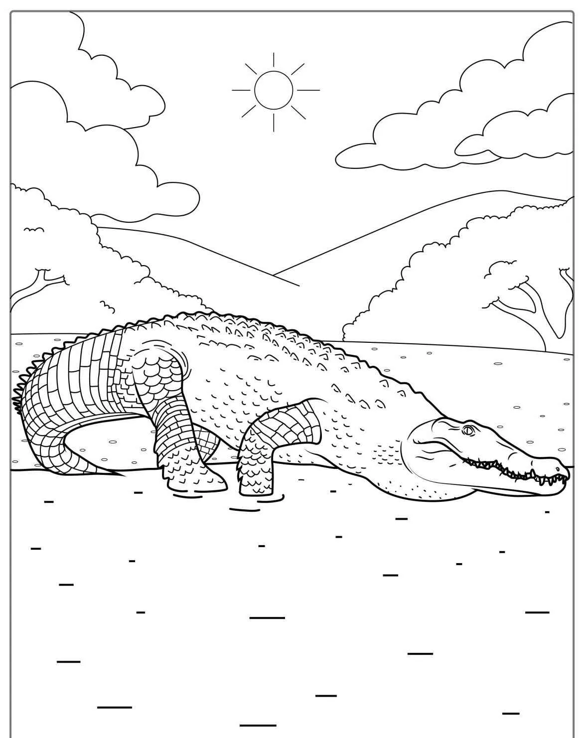 Desenho de um jacaré à beira de um lago com sol e árvores ao fundo, pronto para ser colorido.