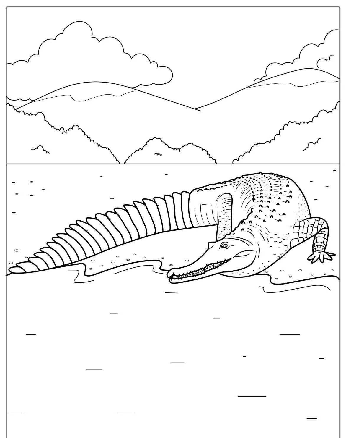 Desenho de um jacaré à beira do lago, ideal para colorir