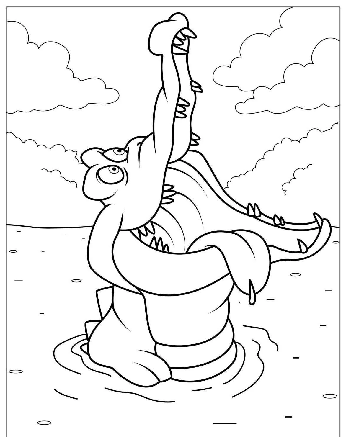 Desenho de um jacaré saltando da água com um fundo de nuvens