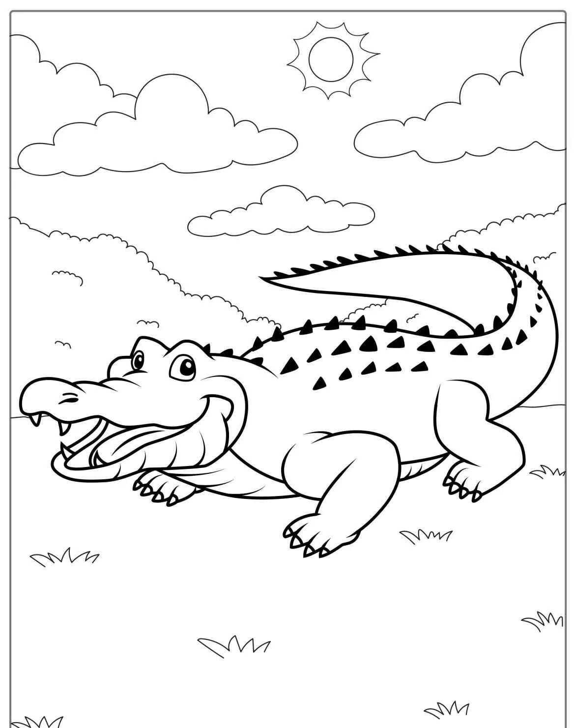 Desenho de um jacaré sorridente em um cenário ao ar livre com sol e nuvens
