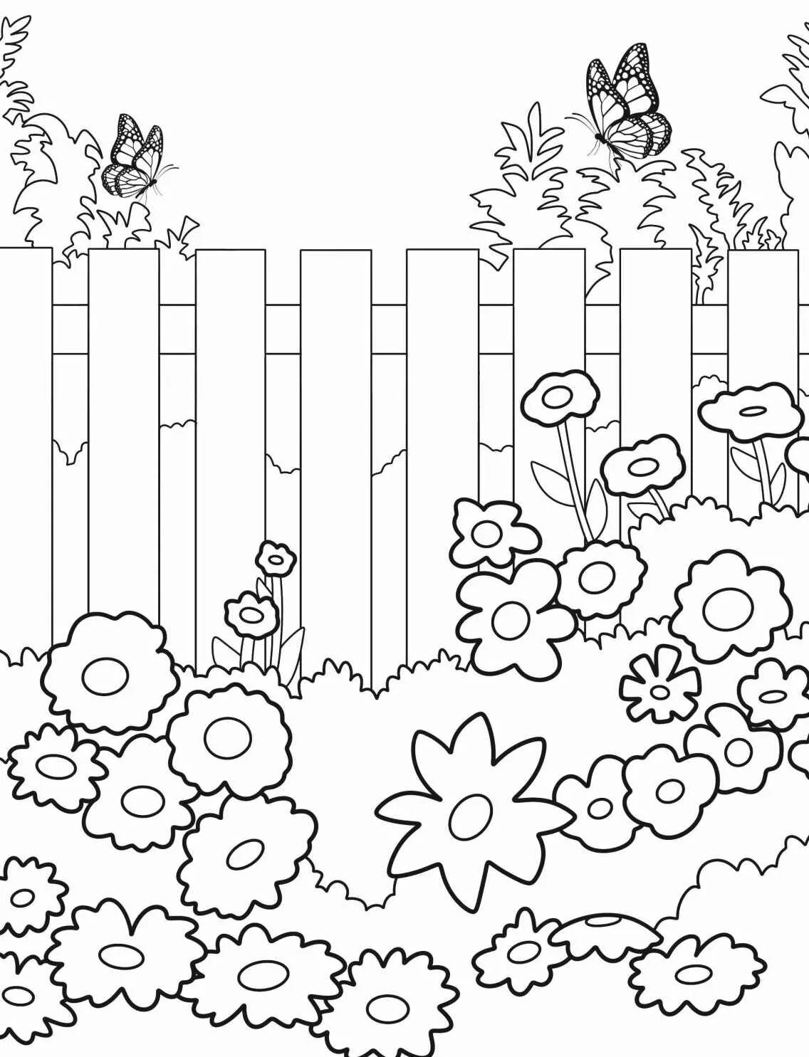 Desenho de um jardim com flores e borboletas para colorir