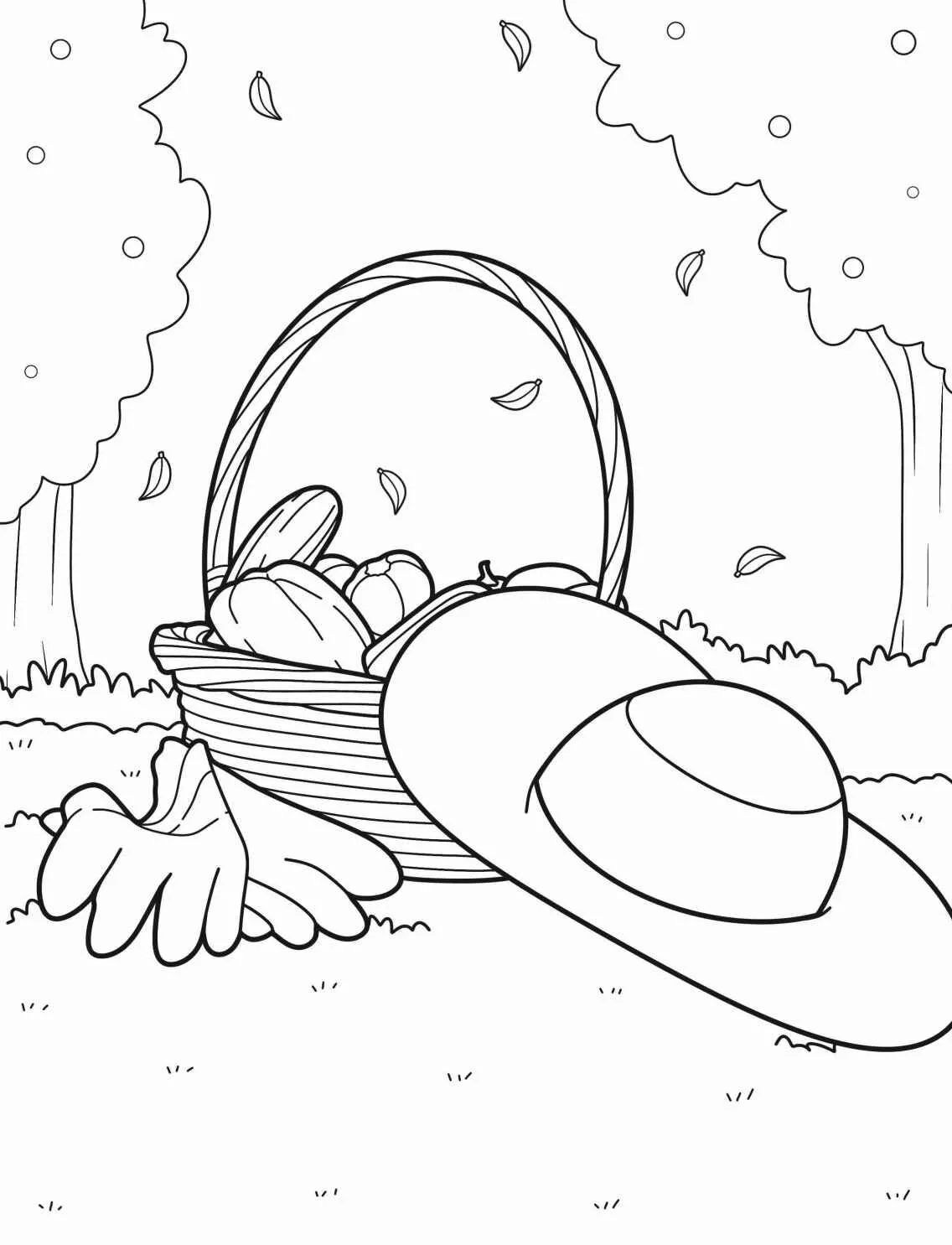 Desenho de um jardim com uma cesta cheia de frutas e um chapéu de palha