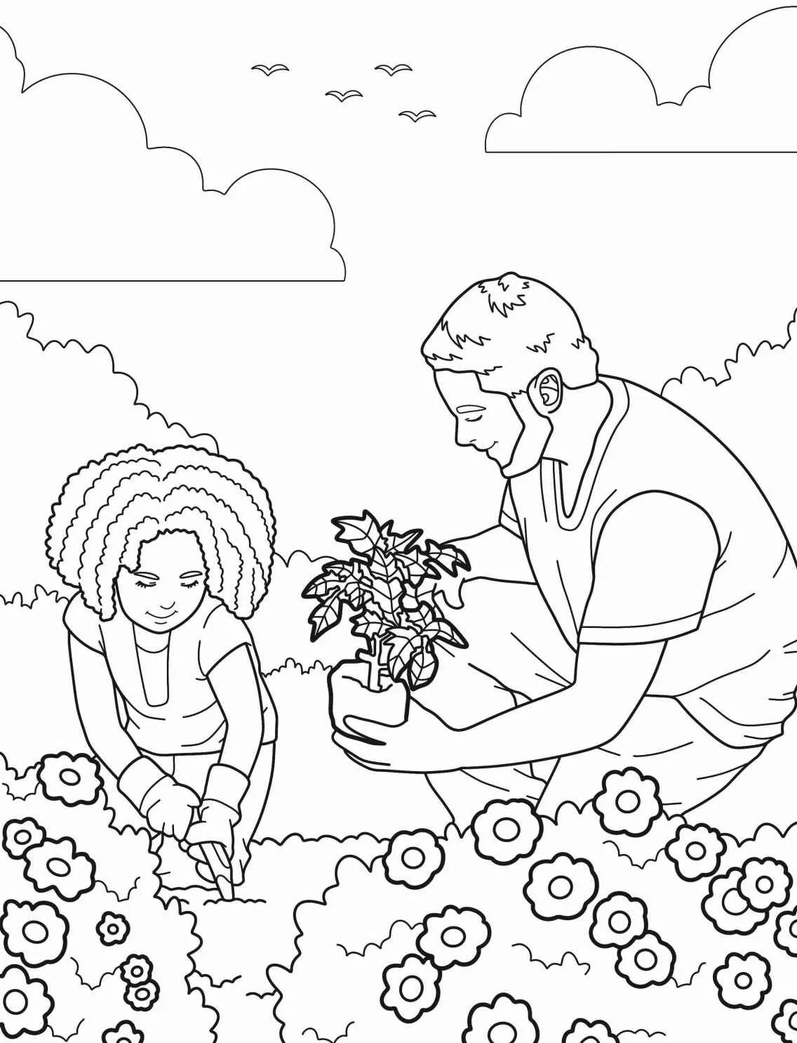 Desenho de um pai e uma criança plantando flores em um jardim