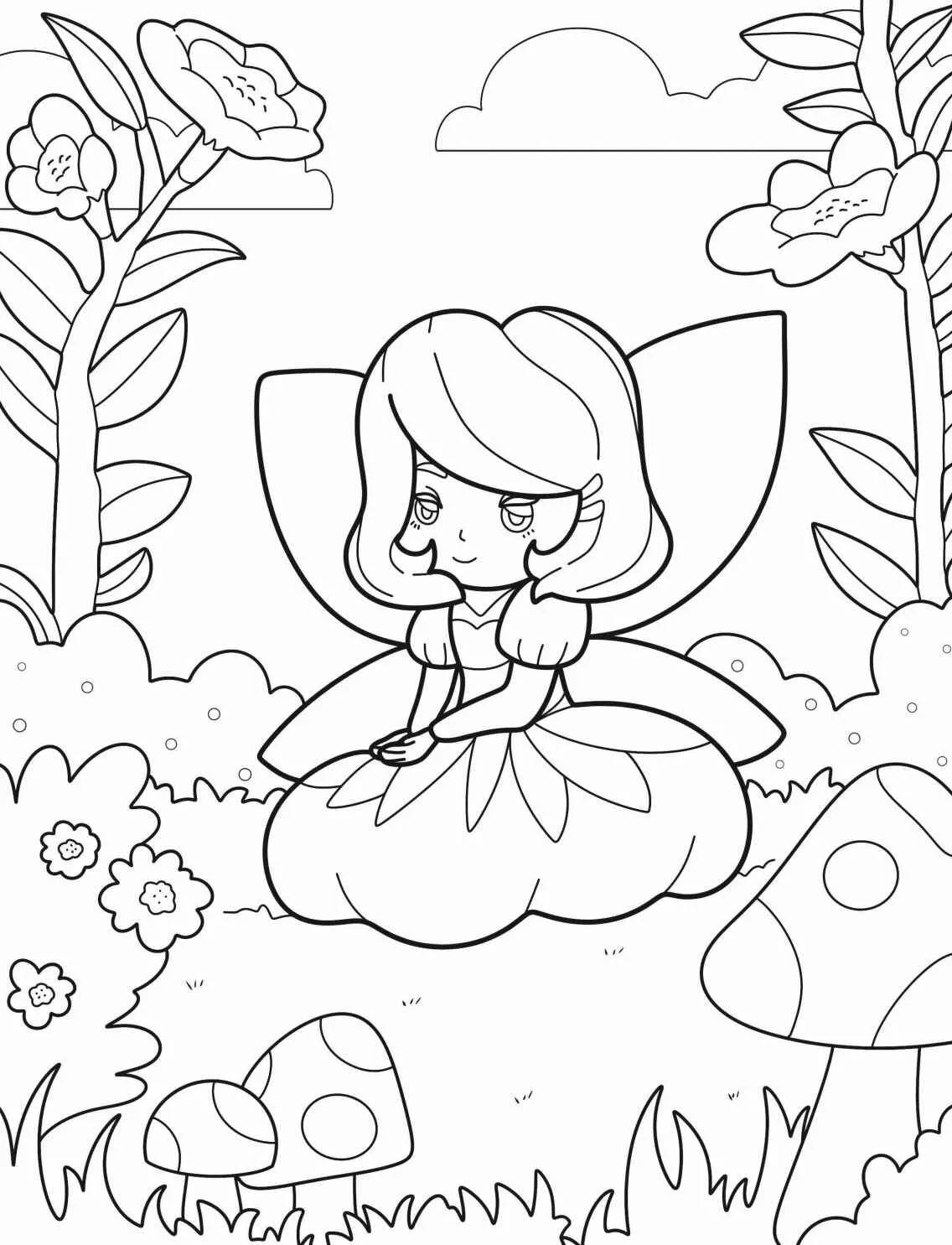 Desenho de uma fada sentada em um jardim com flores e cogumelos para colorir