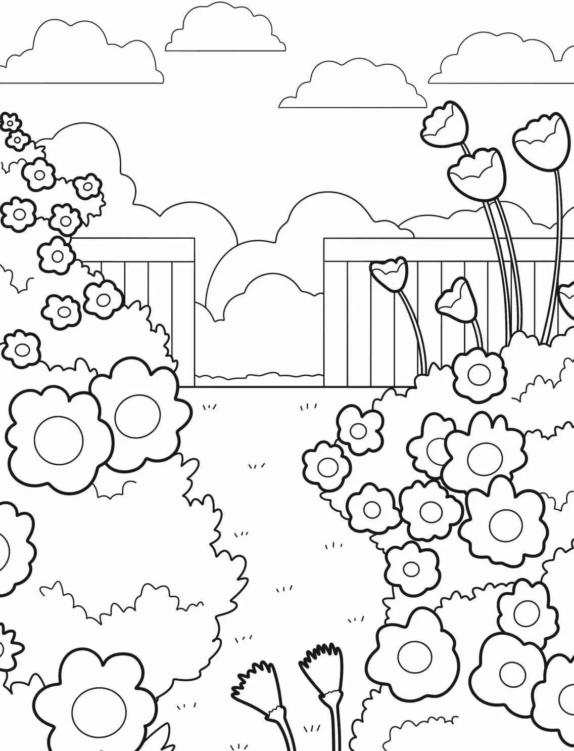 Desenho de um jardim com flores e nuvens, ideal para colorir