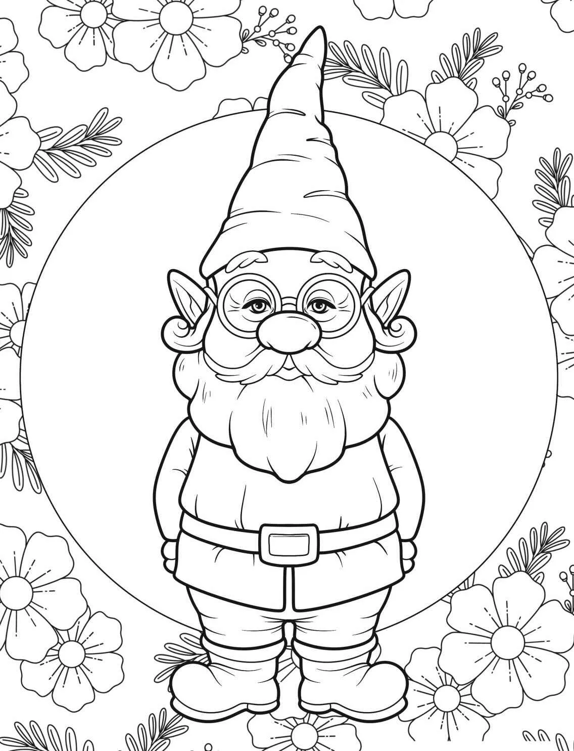 Desenho de um gnomo rodeado por flores em um jardim para colorir