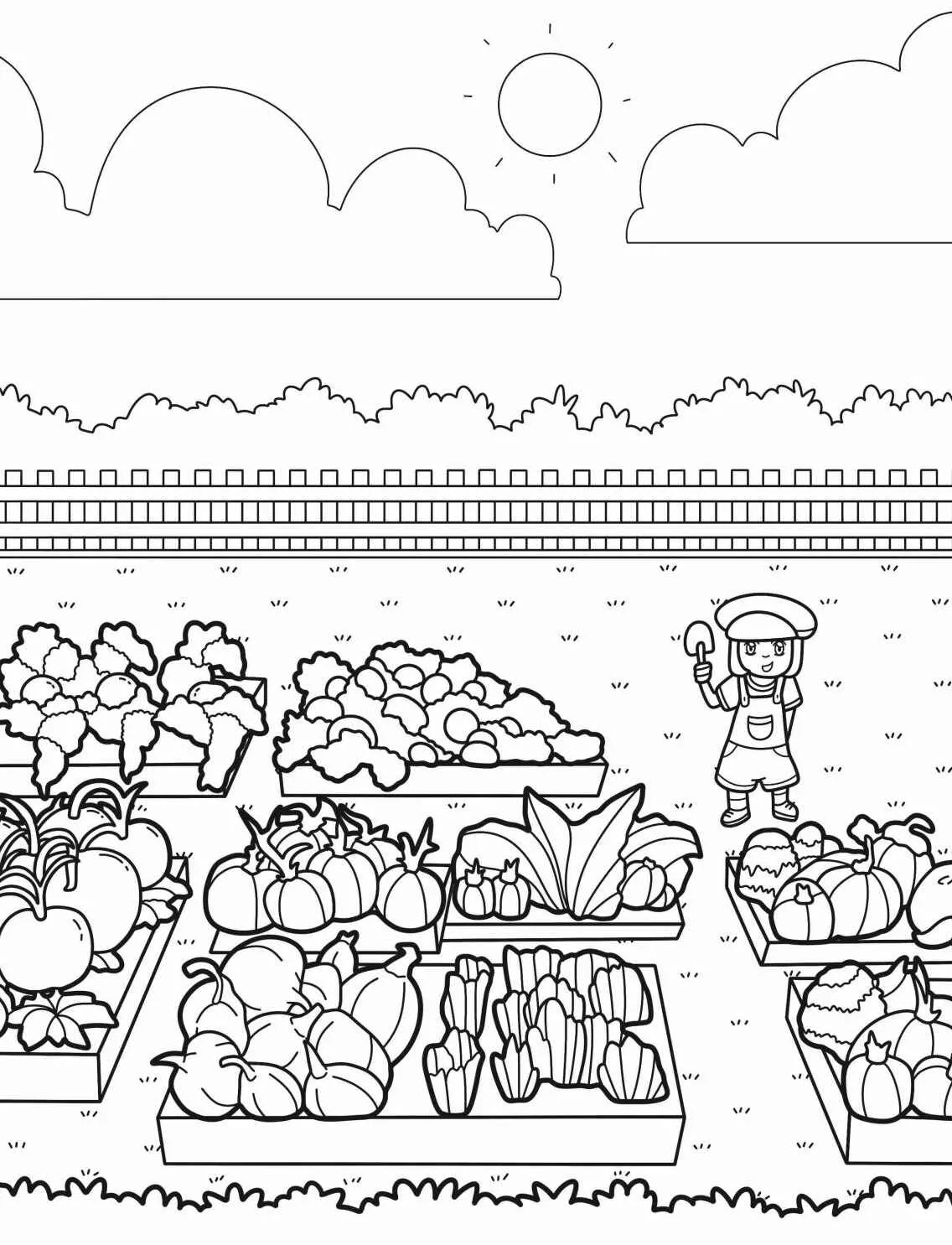 Desenho de uma horta com vegetais e uma criança segurando uma colher