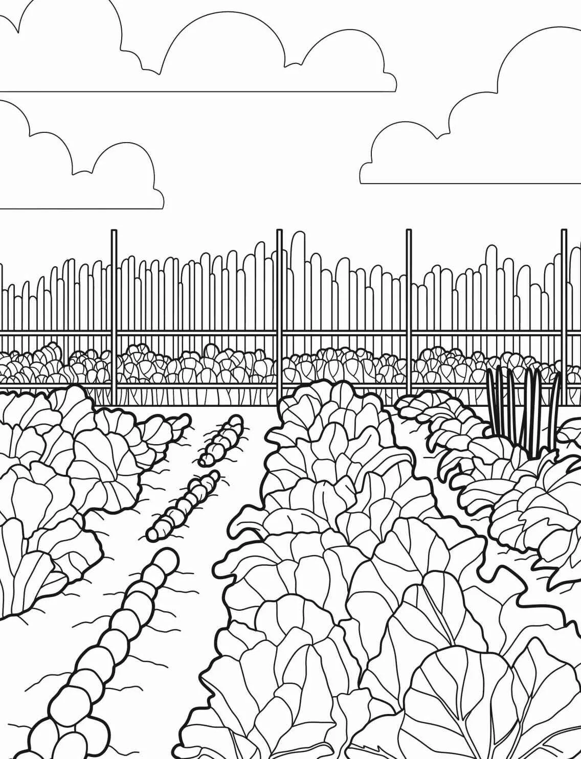 Desenho de um jardim com horta e nuvens, ideal para colorir