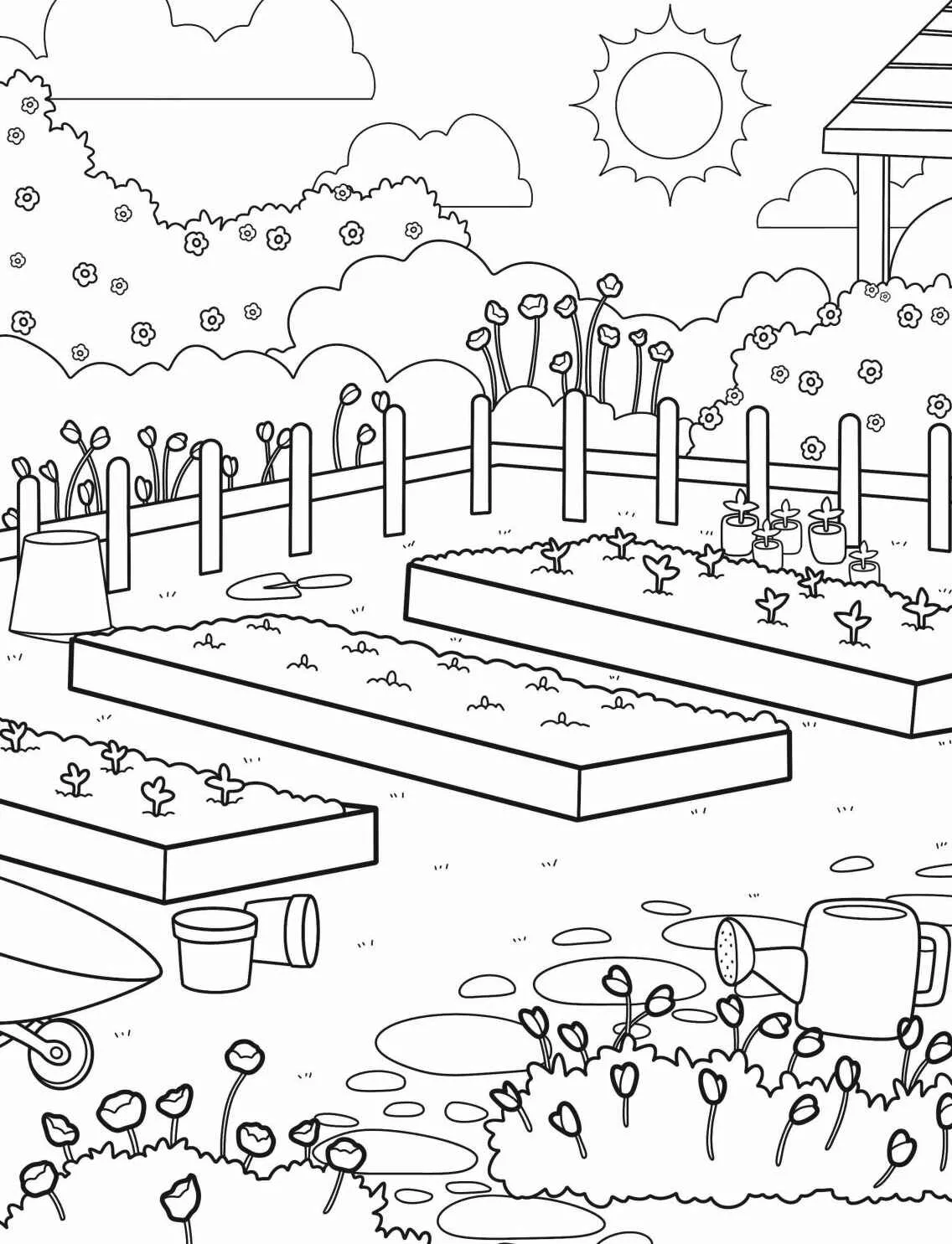 Desenho de um jardim com hortas, flores e um sol brilhante