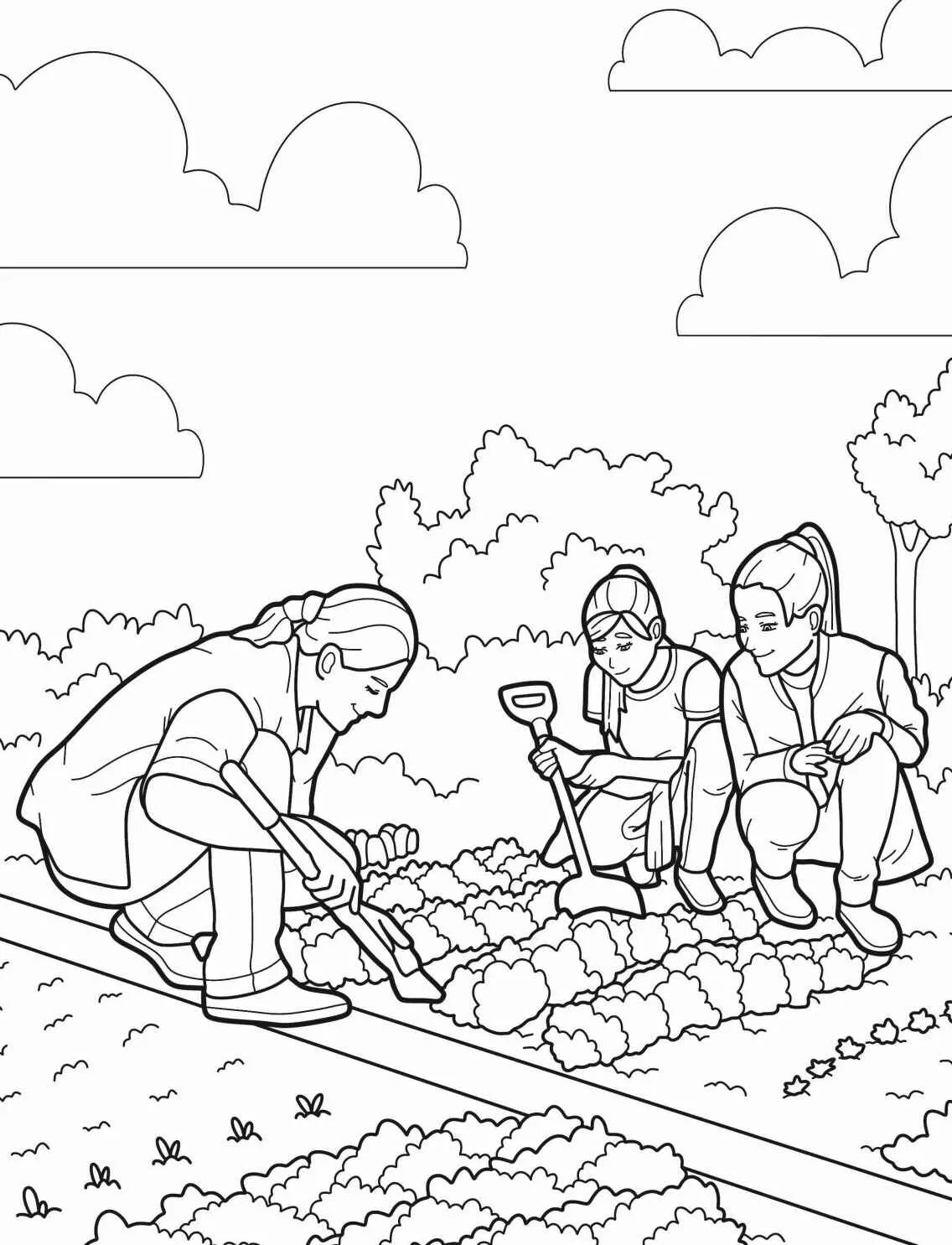 Desenho em preto e branco de jardineiras trabalhando em um jardim