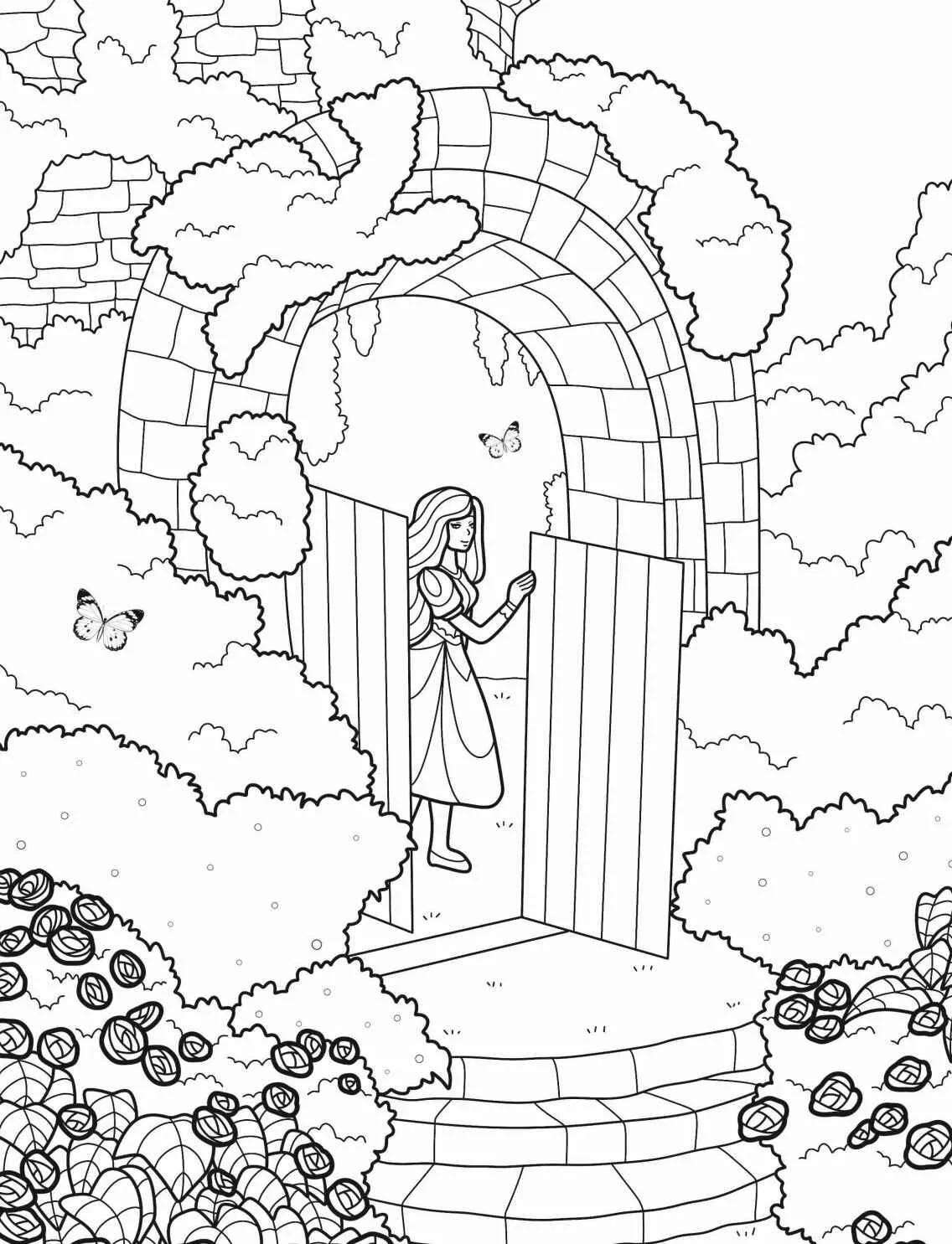 Desenho de um jardim encantado com uma porta aberta e borboletas voando