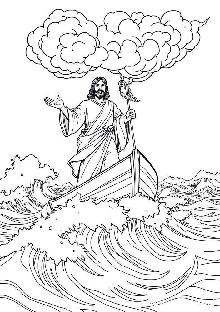 Desenho de Jesus caminhando sobre as águas em um barco