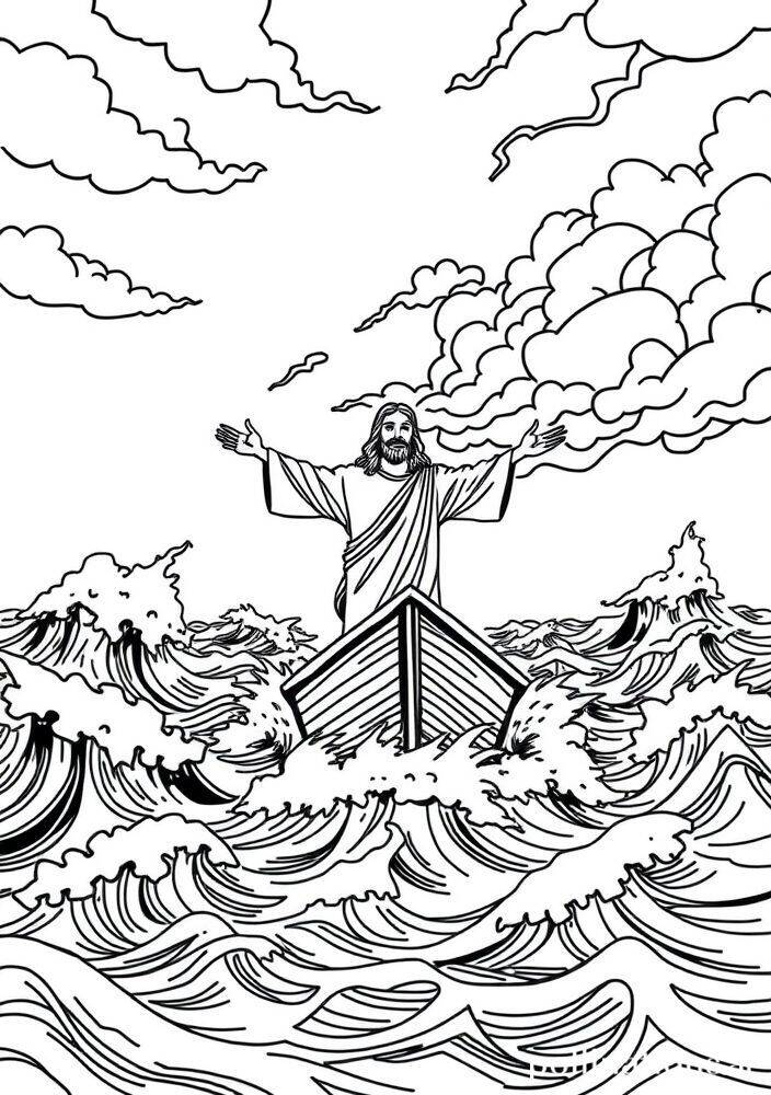 Desenho de Jesus caminhando sobre as águas em um barco durante uma tempestade.