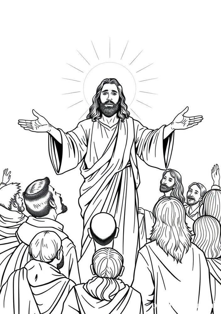Desenho de Jesus com os braços abertos, abençoando um grupo de pessoas.