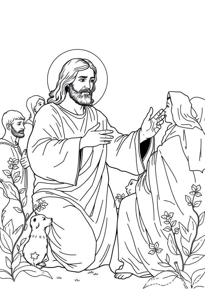 Desenho para colorir de Jesus abençoando crianças com flores e um cordeiro.