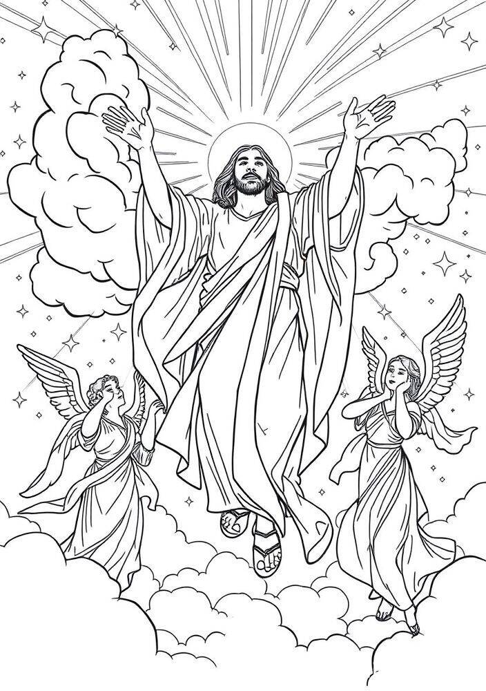 Desenho para colorir de Jesus ascendente rodeado por anjos