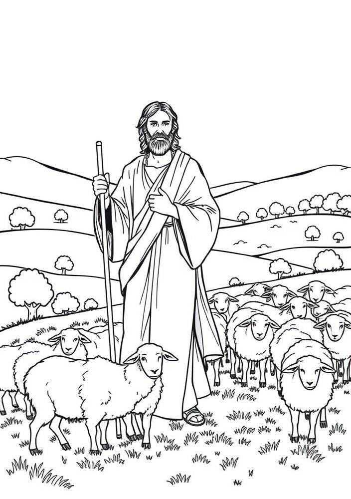 Desenho de Jesus com ovelhas em um campo para colorir