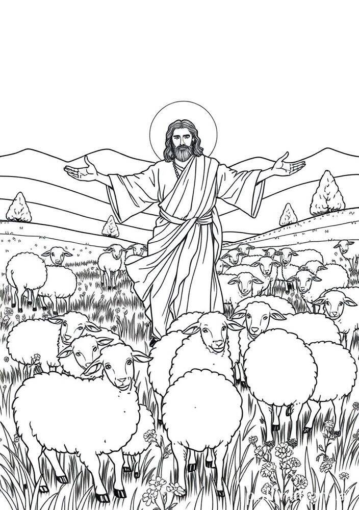 Desenho de Jesus com ovelhas em um campo para colorir