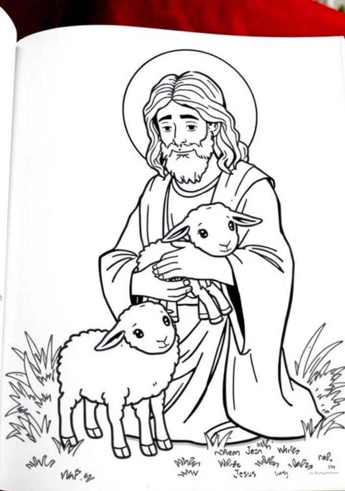 Desenho de Jesus segurando ovelhas, ideal para colorir.