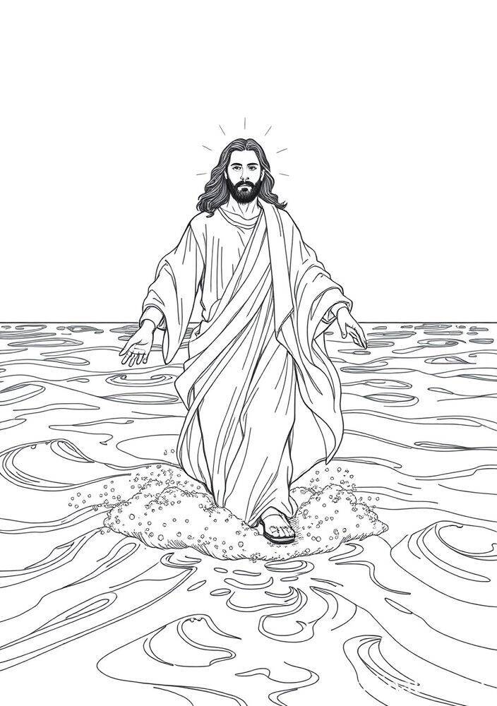 Desenho de Jesus caminhando sobre as águas, ideal para colorir.
