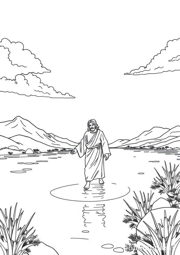 Desenho de Jesus caminhando sobre as águas, ideal para colorir.