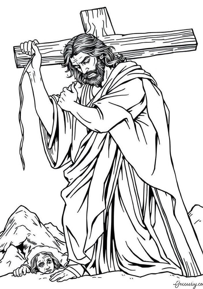 Desenho de Jesus carregando a cruz, ideal para colorir.