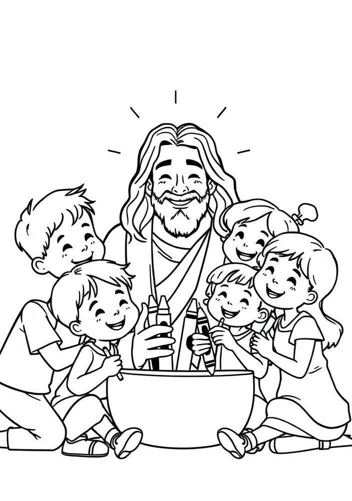 Desenho em preto e branco de Jesus rodeado por crianças sorridentes, segurando lápis de cor.