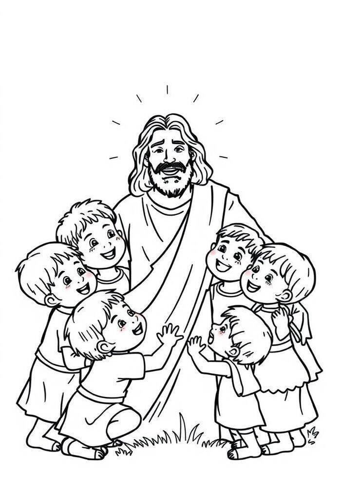 Desenho de Jesus rodeado por crianças, pronto para colorir.