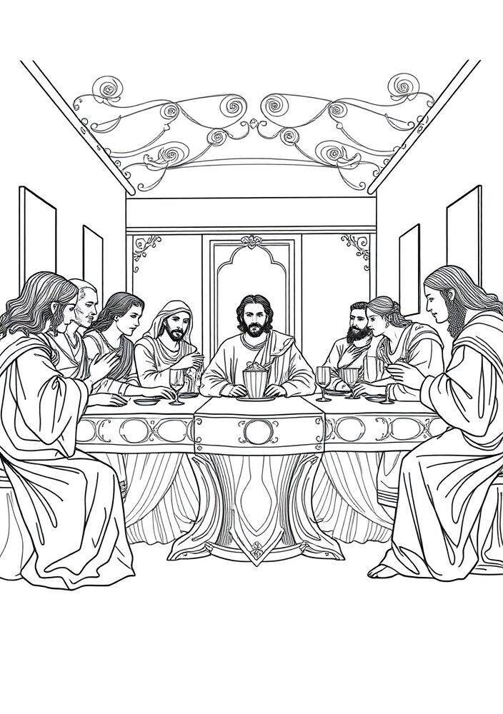 Desenho para colorir de Jesus com os apóstolos na Última Ceia