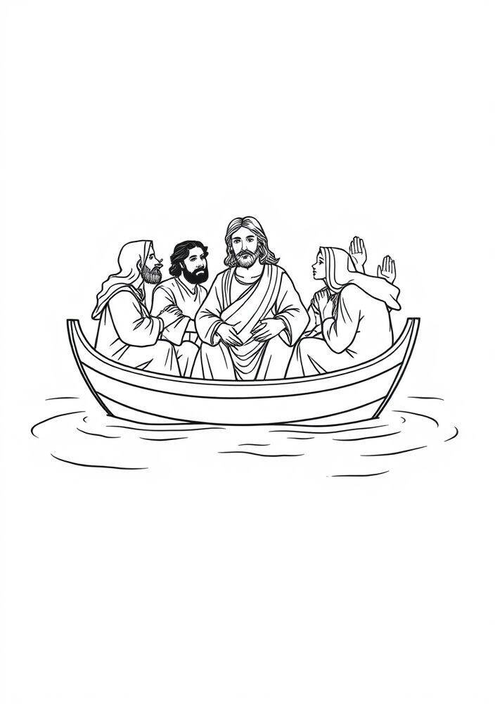 Desenho de Jesus e Apóstolos em um barco para colorir