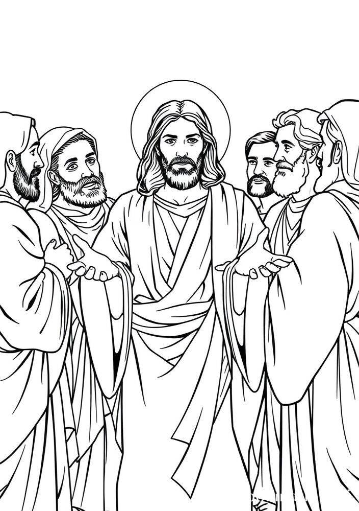 Desenho para colorir de Jesus cercado pelos apóstolos