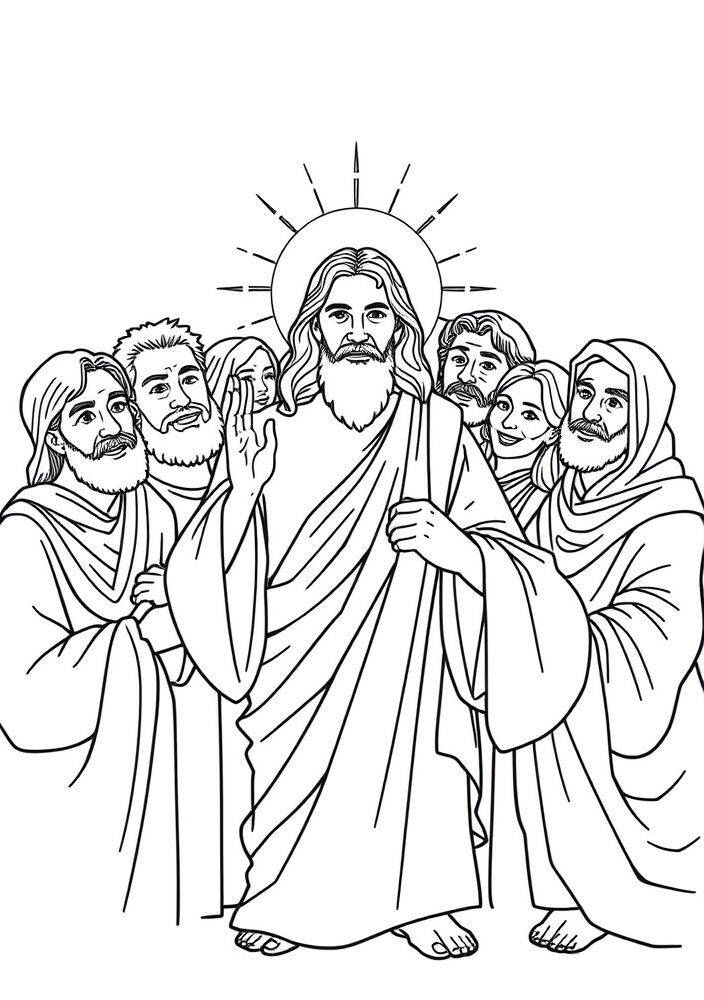 Desenho para colorir de Jesus rodeado pelos apóstolos