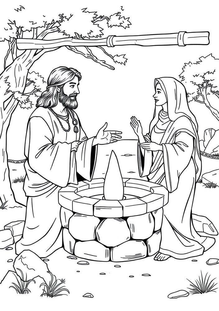 Desenho de Jesus e a Mulher Samaritana perto do poço para colorir
