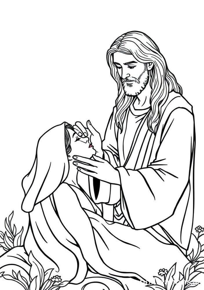 Desenho de Jesus curando uma mulher para colorir