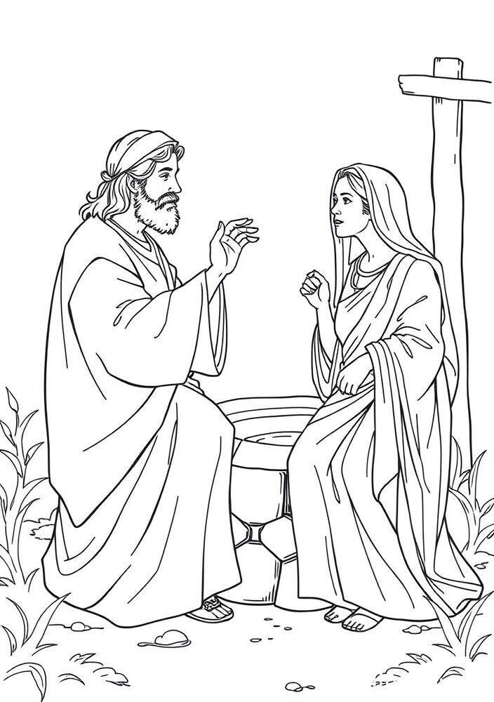 Desenho para colorir de Jesus conversando com a mulher samaritana junto ao poço.