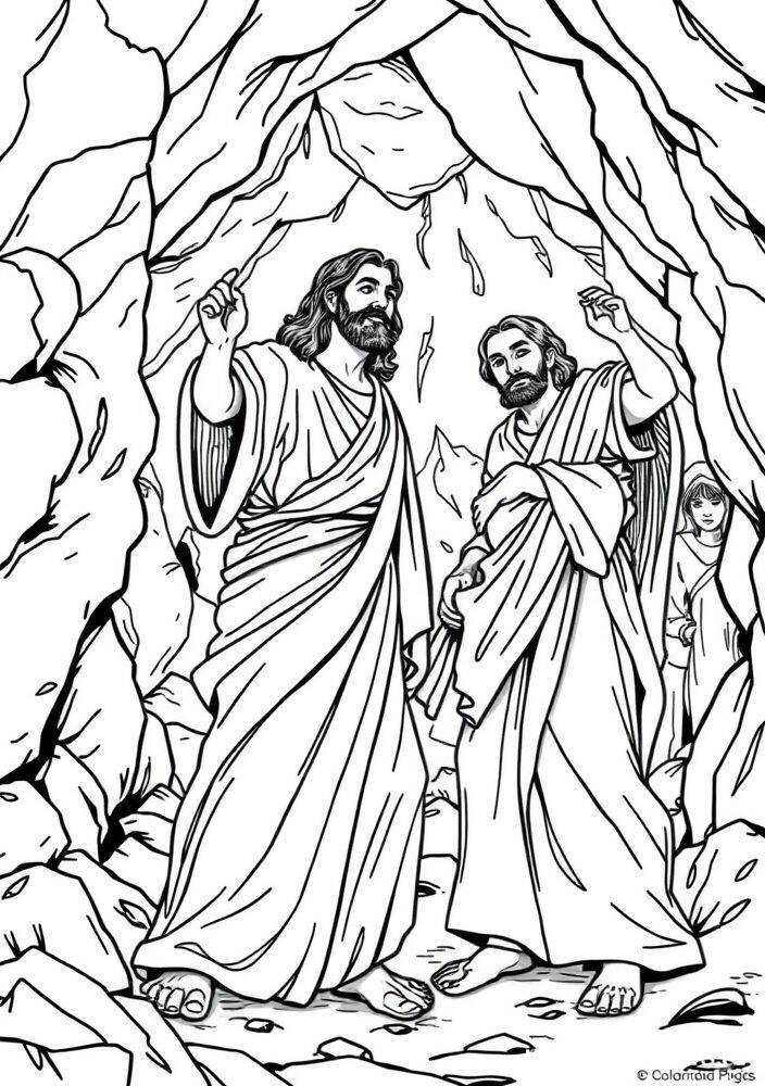 Desenho para colorir de Jesus e Seus Discípulos em uma caverna