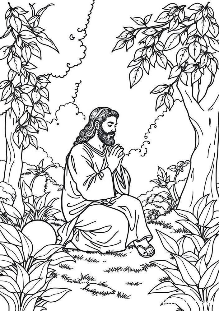 Desenho de Jesus em oração rodeado pela natureza para colorir